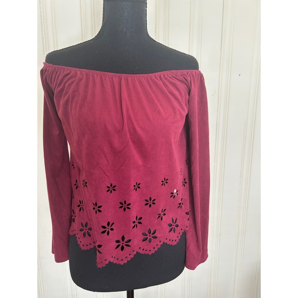 Charlotte Russe S Burgundy Y2K Faux Suede Off Shoulder Boho Peasant FloralTop